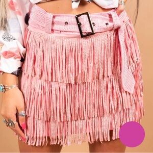 Pink Rhinestone Fringe Belted Skirt